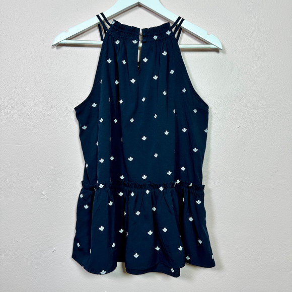 LOFT Navy Flower Embroidered Halter Peplum Top, Size‎ Small - Picture 2 of 6